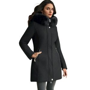 🆕Anewsta Women's Black Mid Length Cinched Waist Hooded Jacket